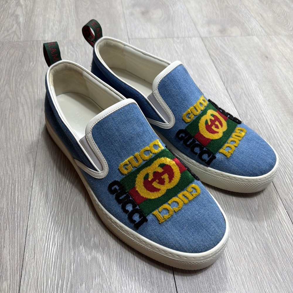 GUCCI Kura Slip On Shoes Chambray Denim Velour Logo Loafers Mens Size 10 Rare!